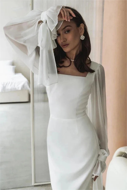 Solid Square Neck Lantern Sleeve Midi Dress – JardinVue