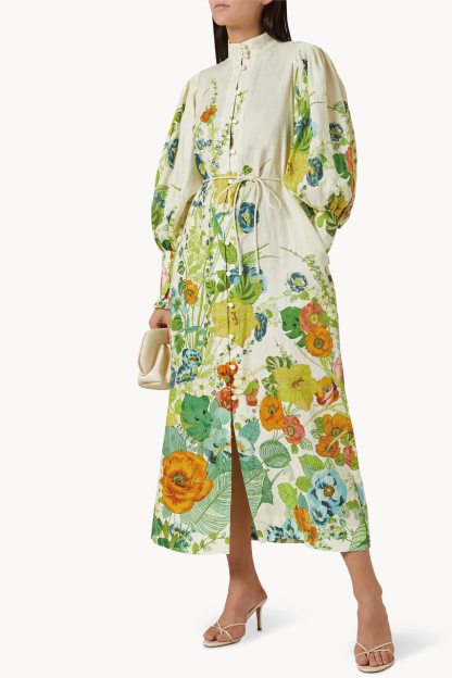Floral Lantern Sleeve Bottom Midi Dress