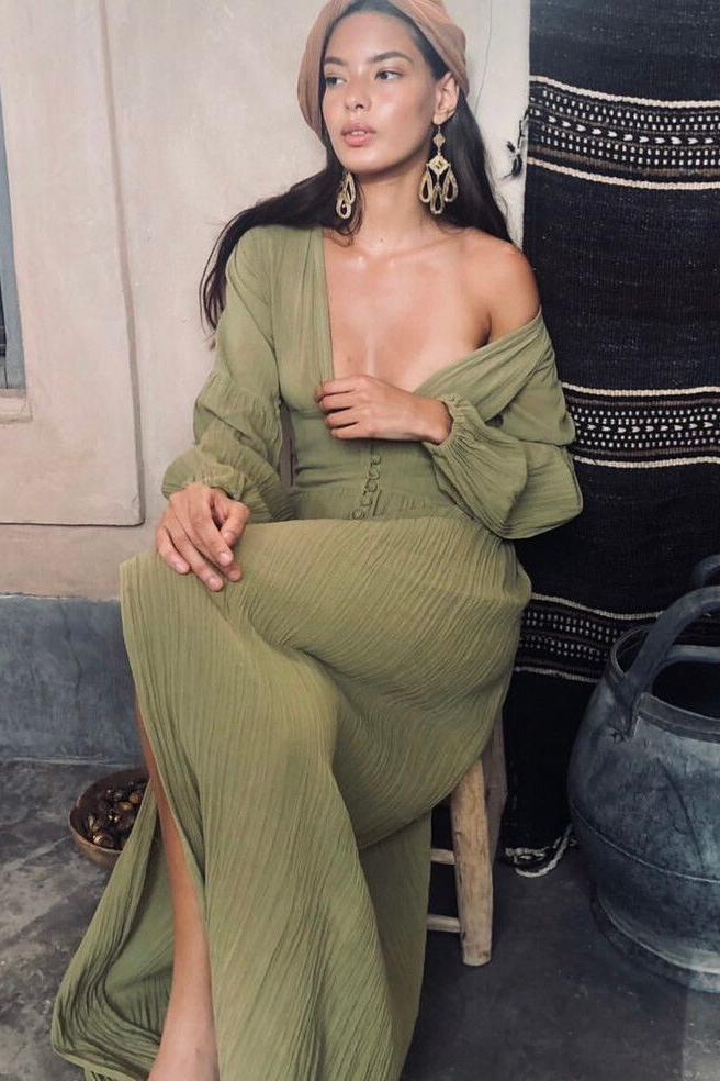 V-Neck Lantern Sleeve Button Midi Dress Green  JardinVue