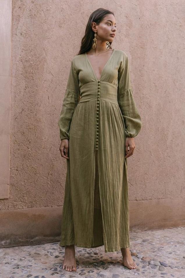 V-Neck Lantern Sleeve Button Midi Dress