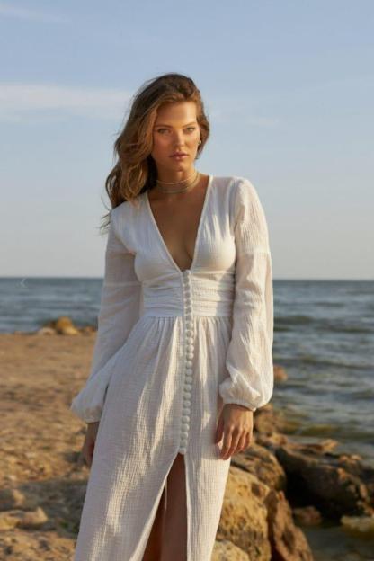 V-Neck Lantern Sleeve Button Midi Dress