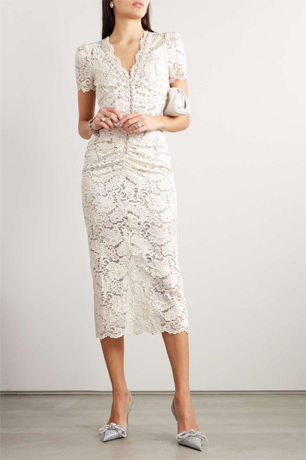 Lace Rhinestone Runched Midi Dress