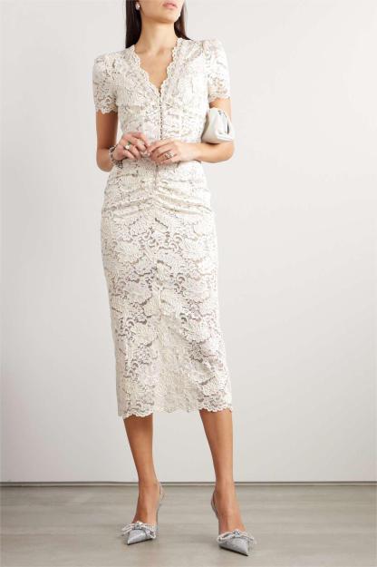 Lace Rhinestone Runched Midi Dress
