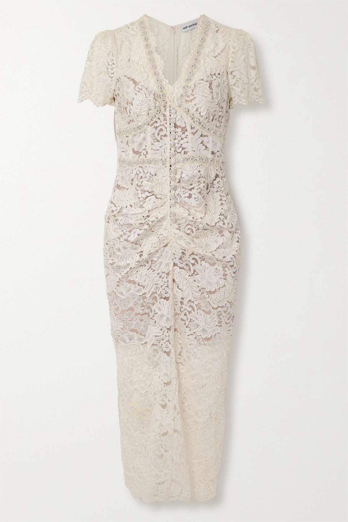 Lace Rhinestone Runched Midi Dress