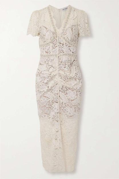 Lace Rhinestone Runched Midi Dress