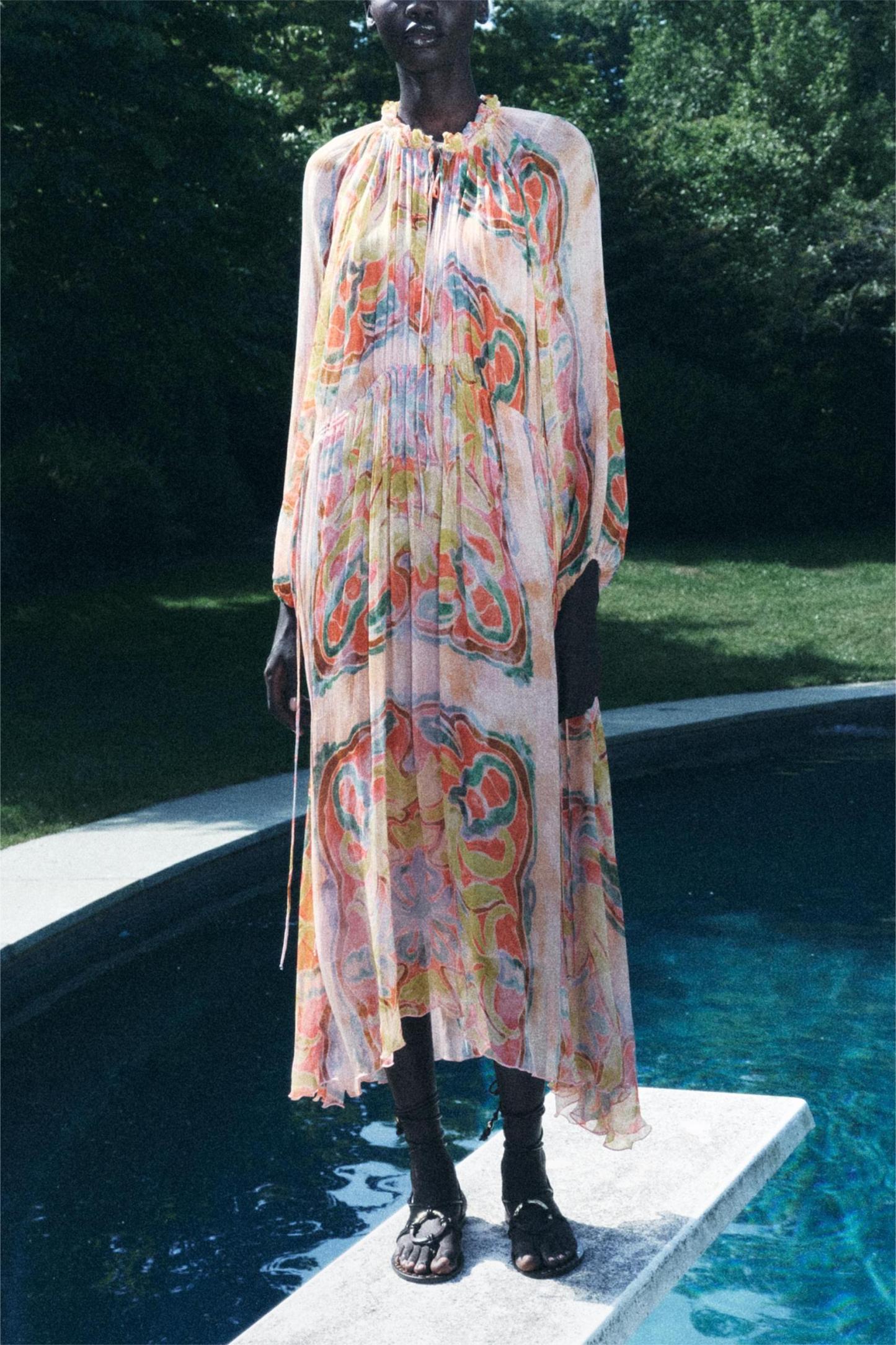 Abstract Print Drawstring Lace Up Midi Dress