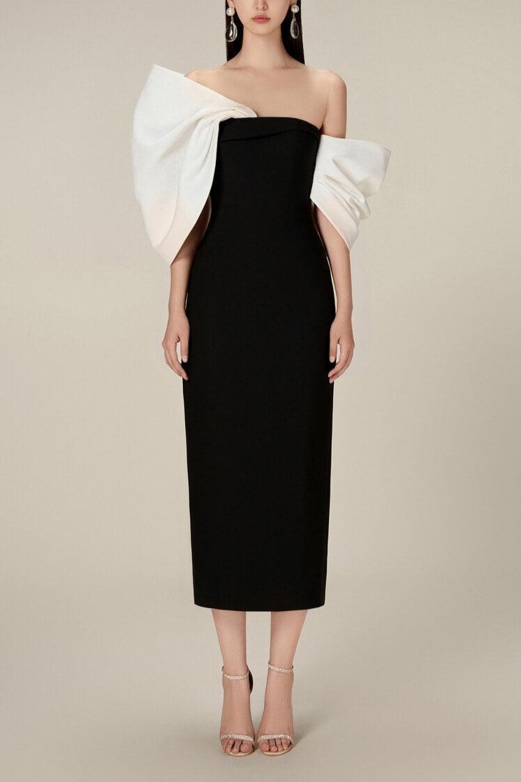 Bow Off-Shoulder Asymmetrical Midi Dress