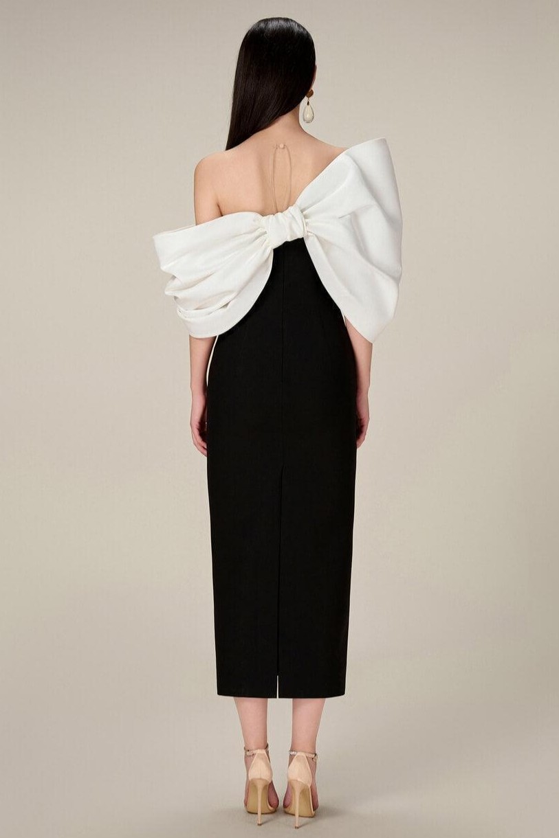Bow Off-Shoulder Asymmetrical Midi Dress