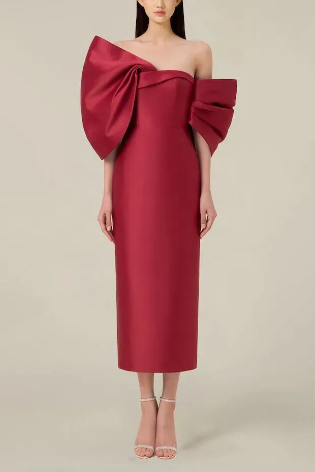 Bow Off-Shoulder Asymmetrical Midi Dress