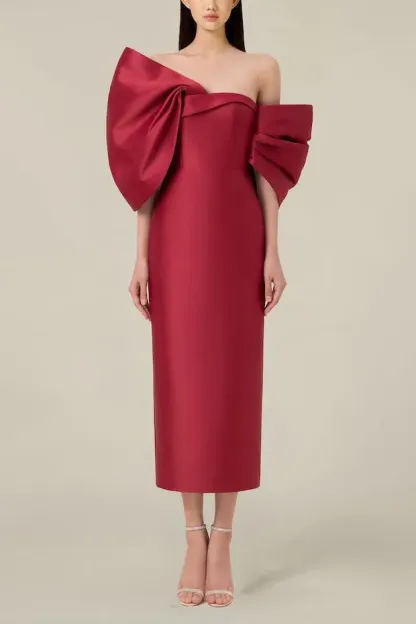 Bow Off-Shoulder Asymmetrical Midi Dress