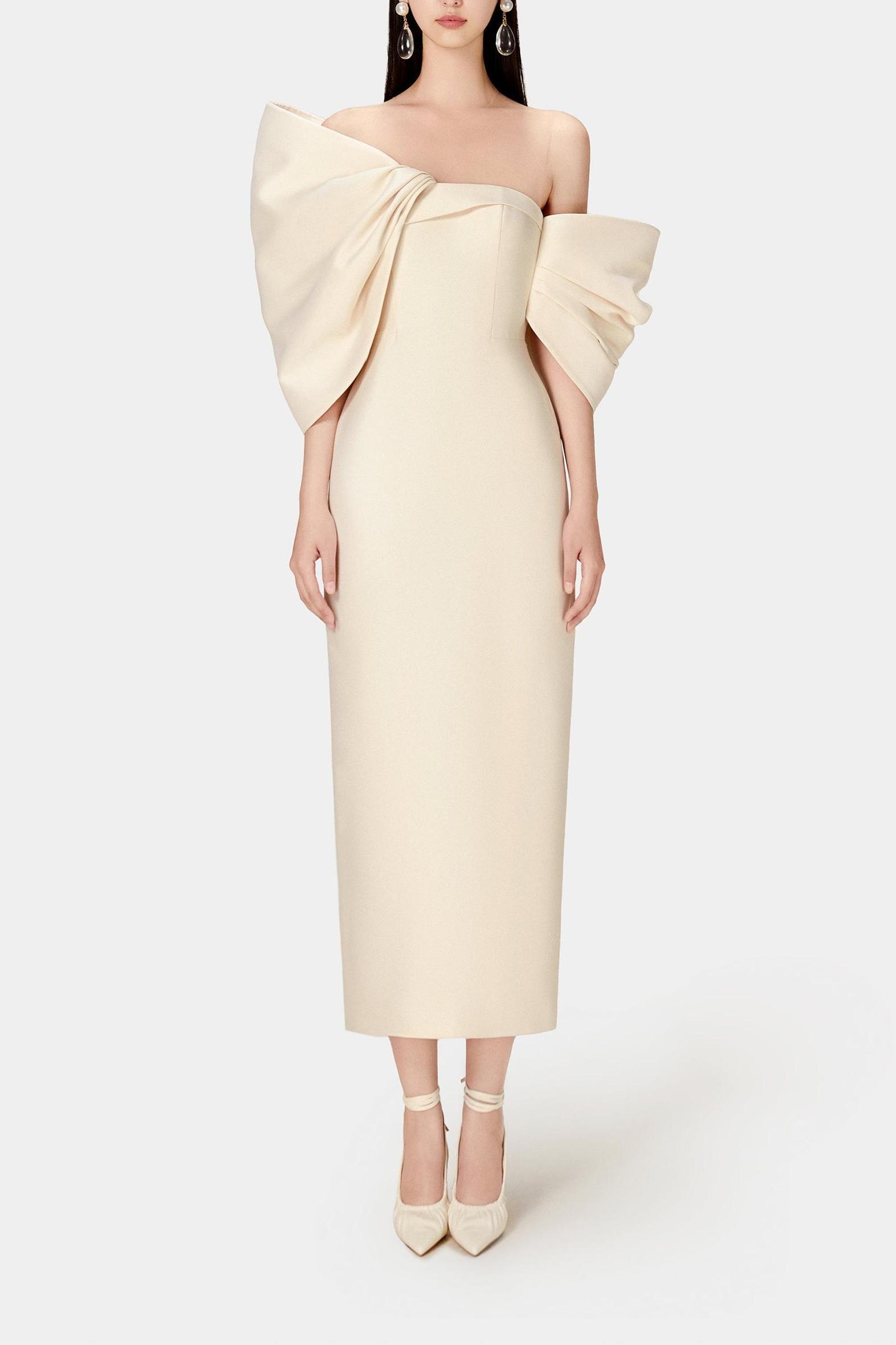 Bow Off-Shoulder Asymmetrical Midi Dress