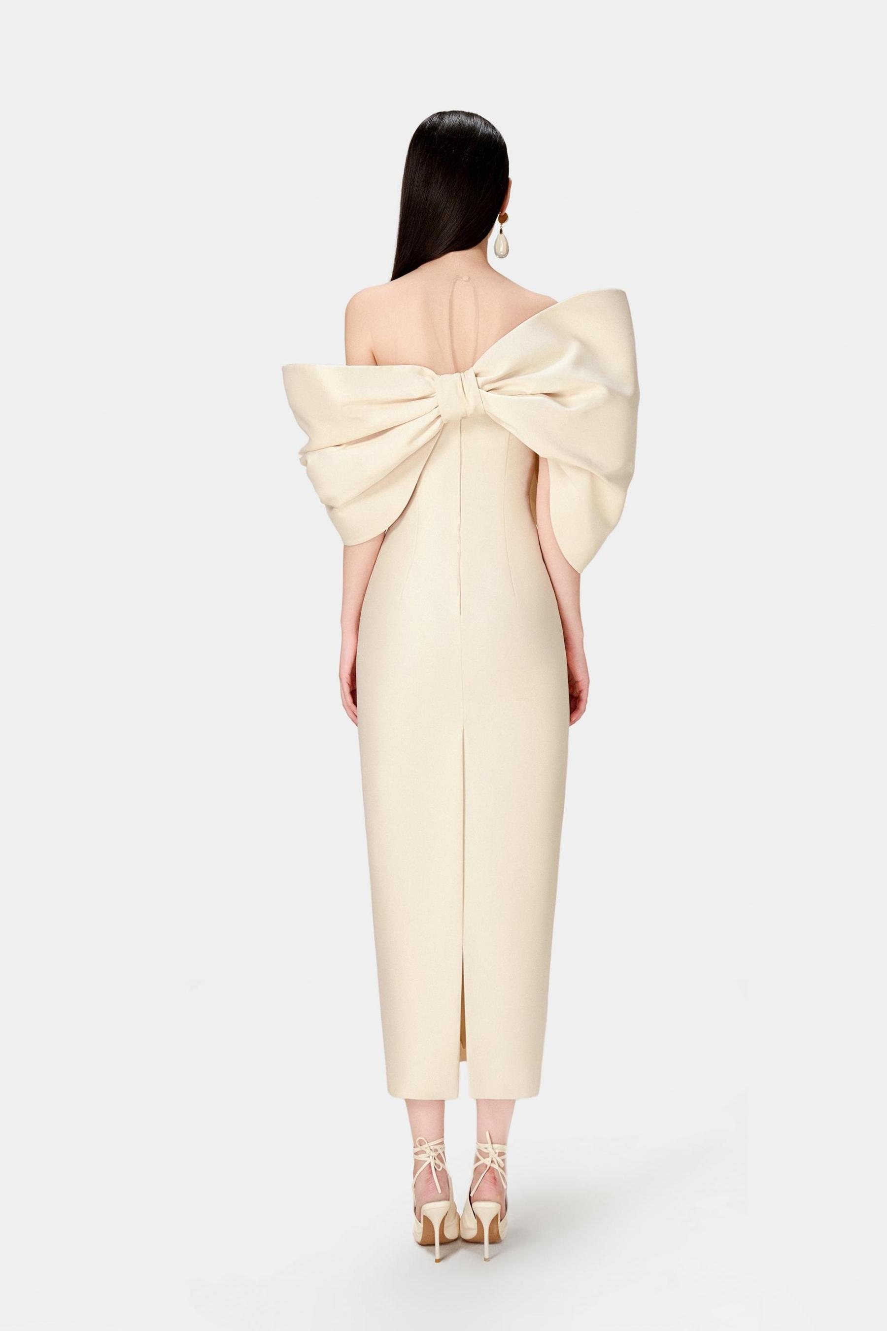 Bow Off-Shoulder Asymmetrical Midi Dress