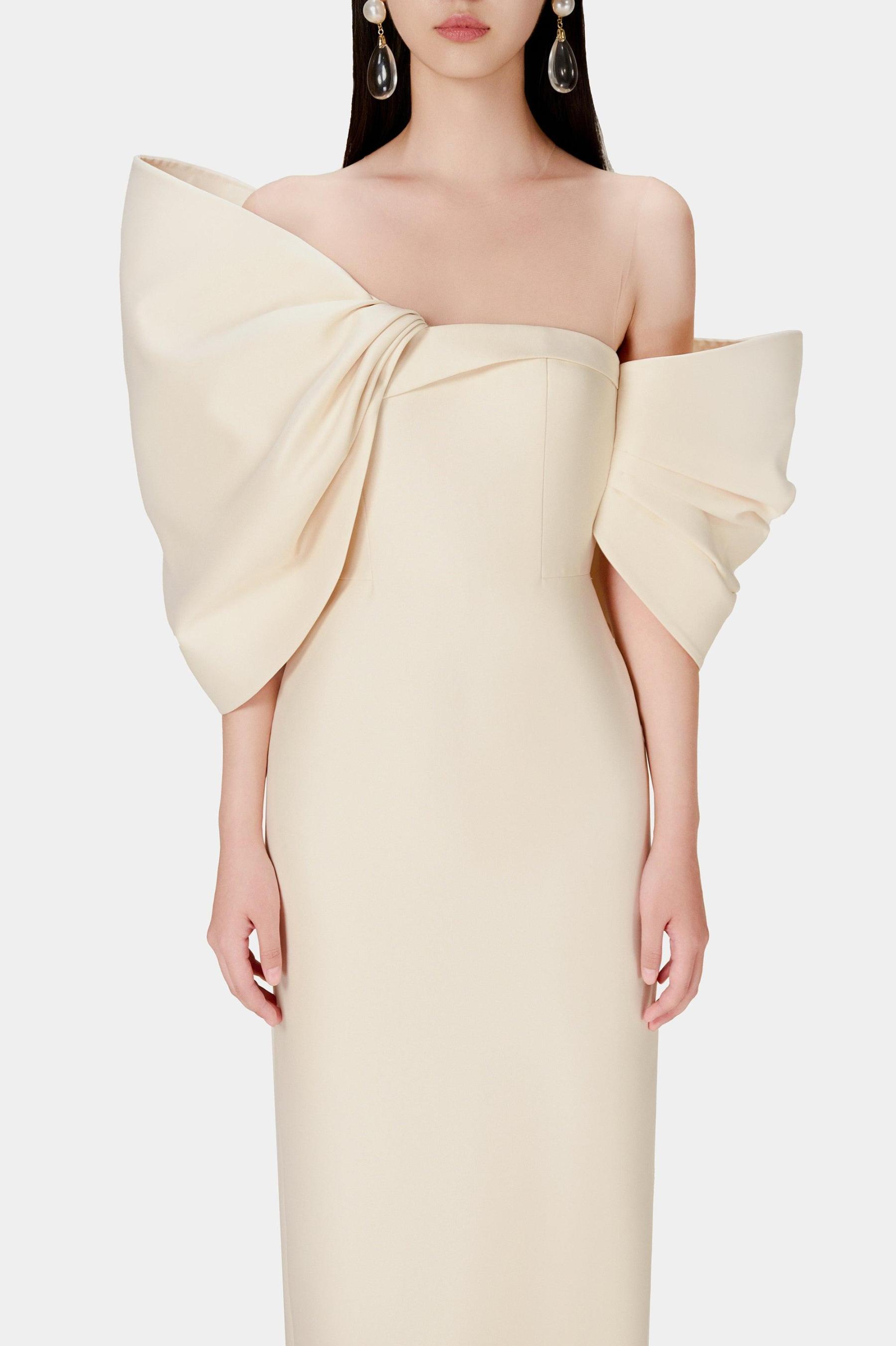 Bow Off-Shoulder Asymmetrical Midi Dress