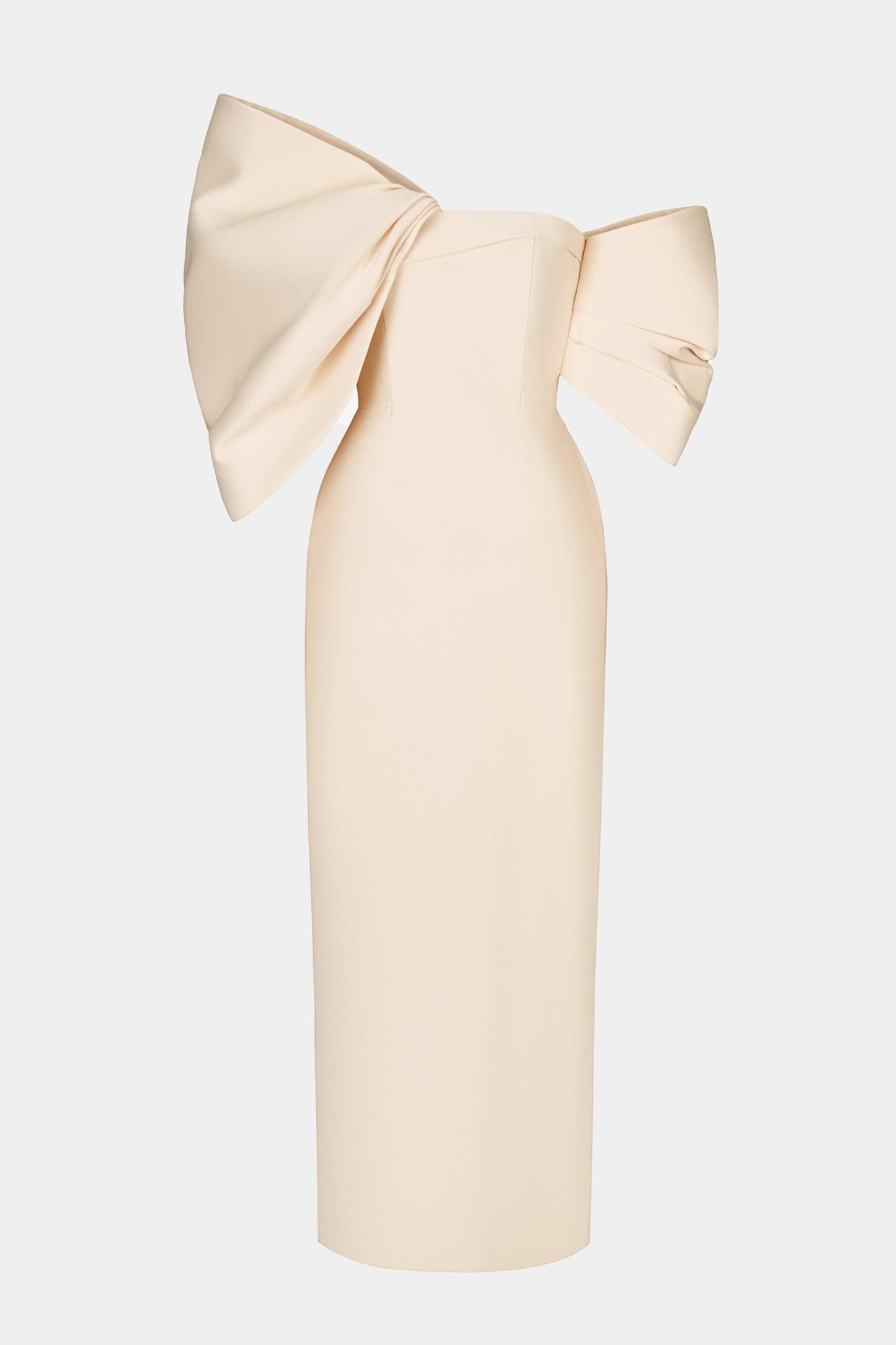 Bow Off-Shoulder Asymmetrical Midi Dress