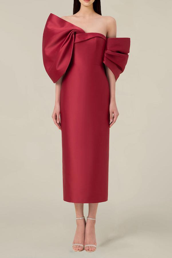 Bow Off-Shoulder Asymmetrical Midi Dress