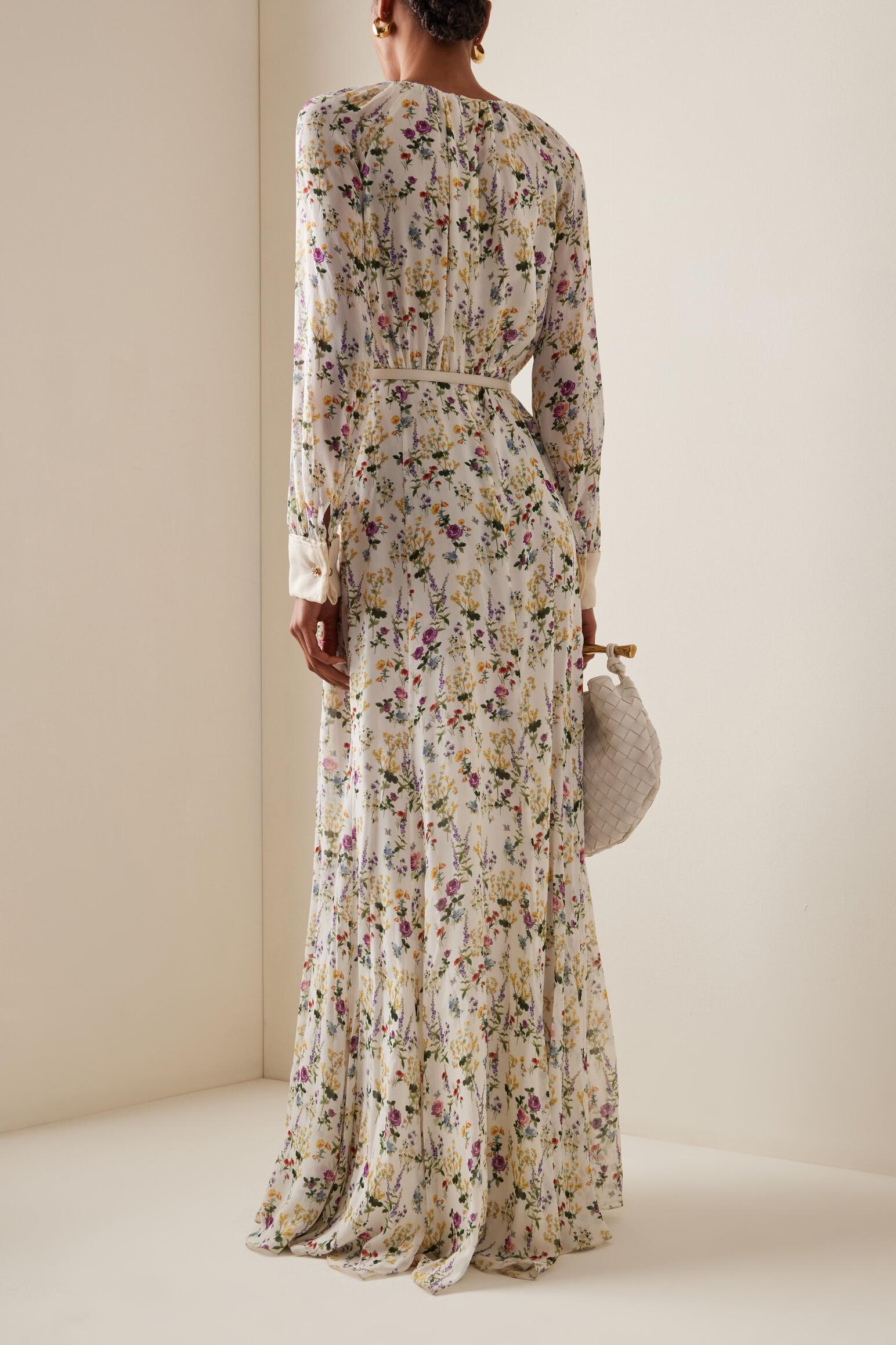 Floral Pleat Round Neck Maxi Dress With Belt