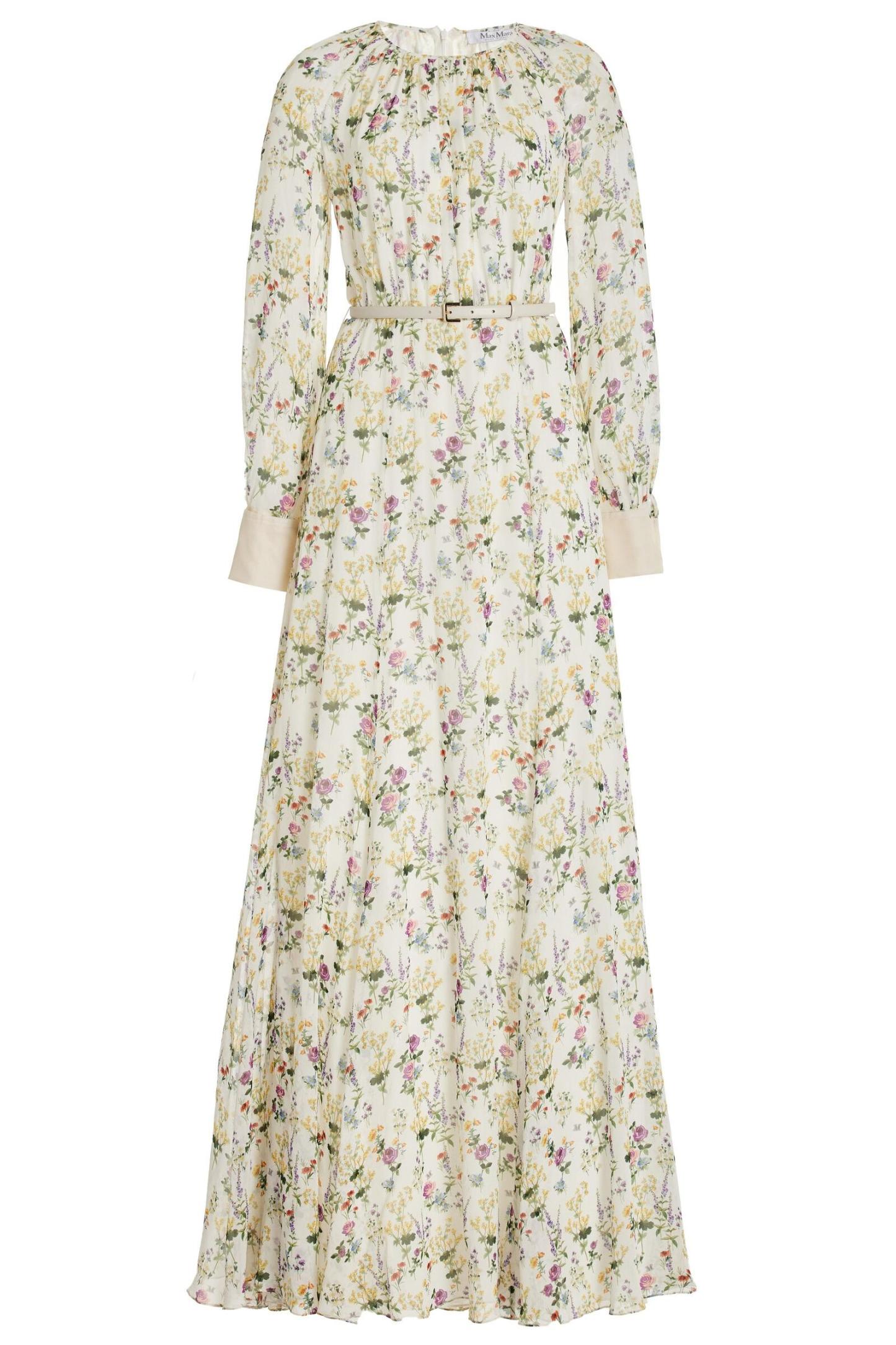 Floral Pleat Round Neck Maxi Dress With Belt