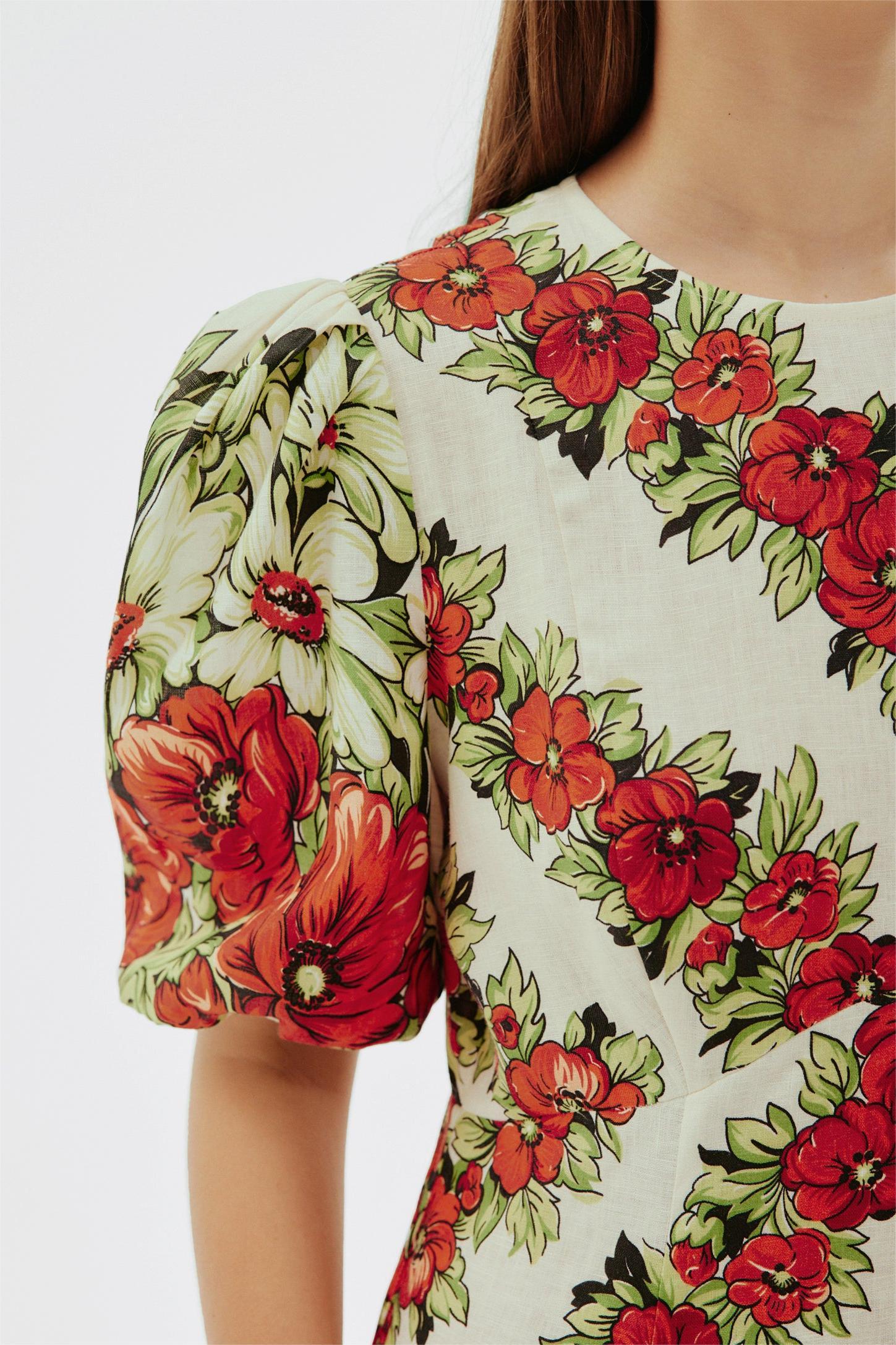 Floral Puff Sleeve Round Neck Midi Dress