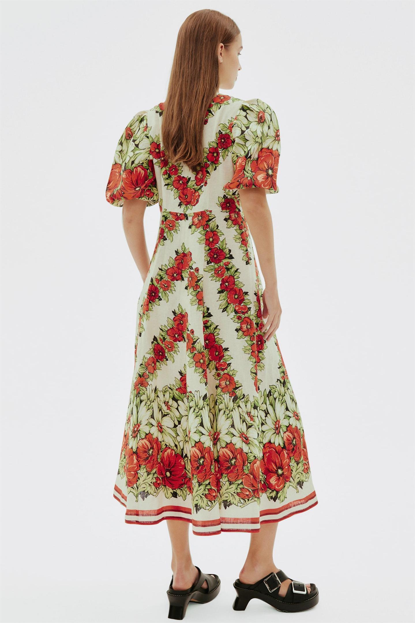 Floral Puff Sleeve Round Neck Midi Dress