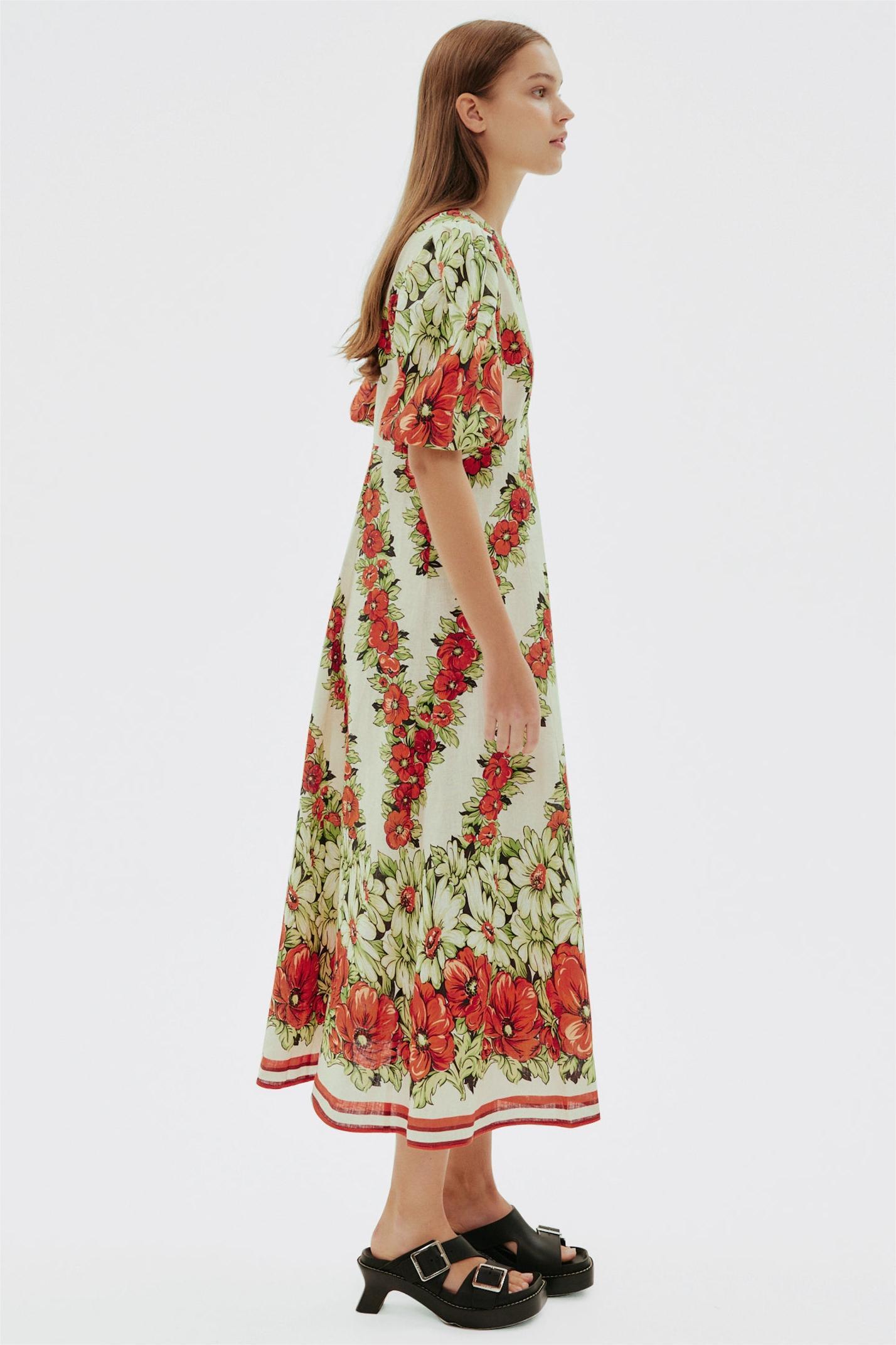 Floral Puff Sleeve Round Neck Midi Dress