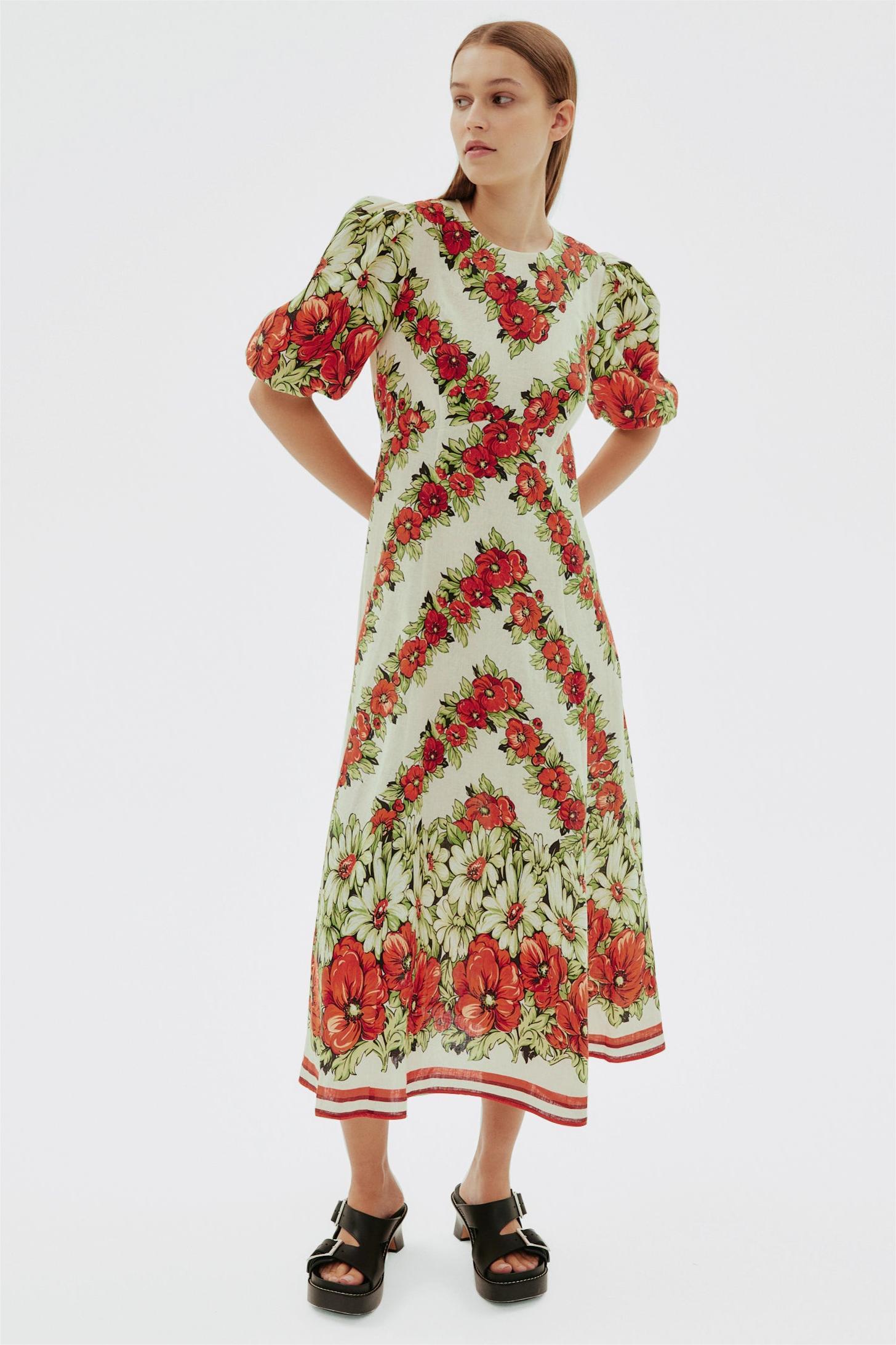 Floral Puff Sleeve Round Neck Midi Dress