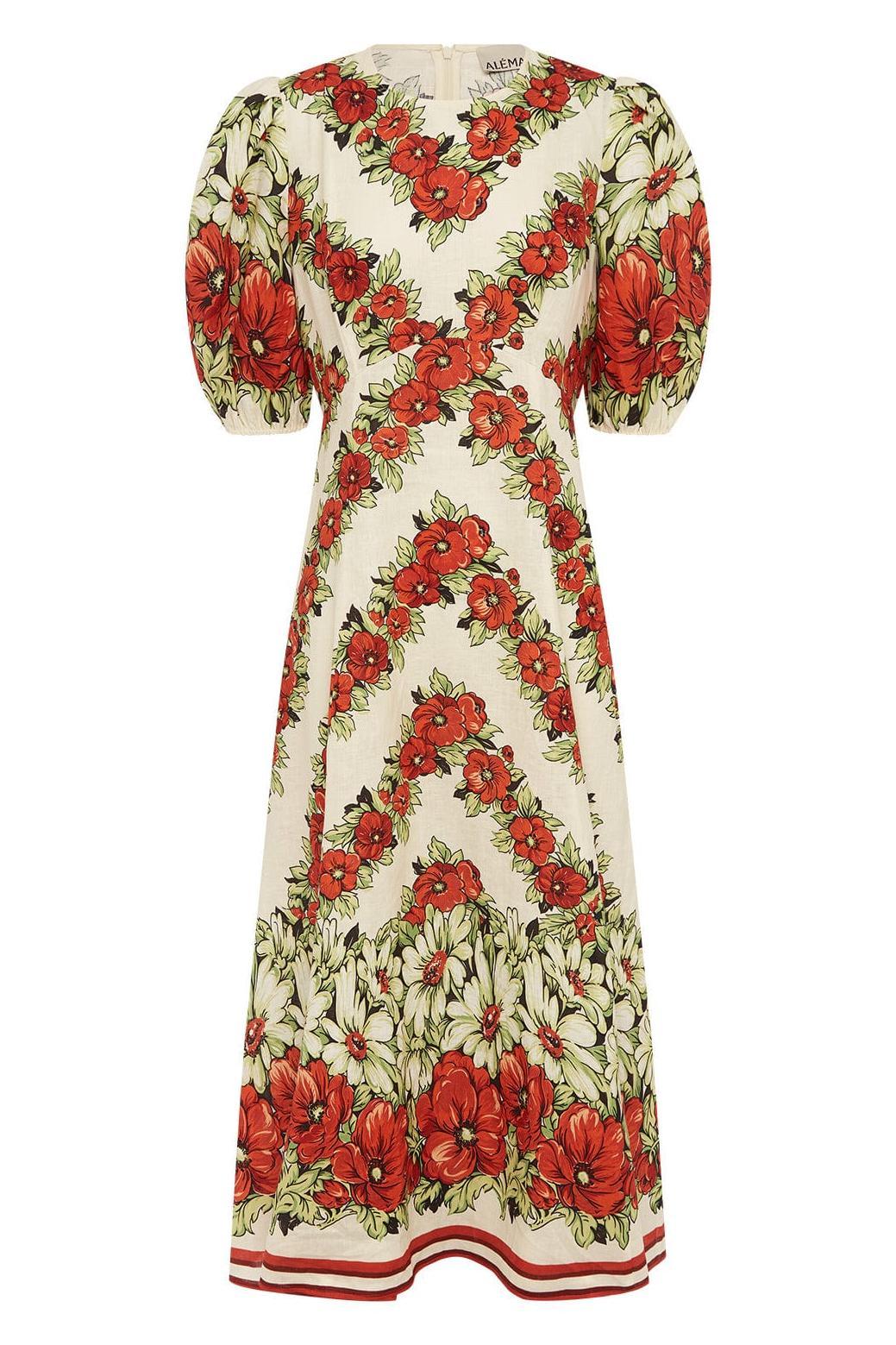 Floral Puff Sleeve Round Neck Midi Dress