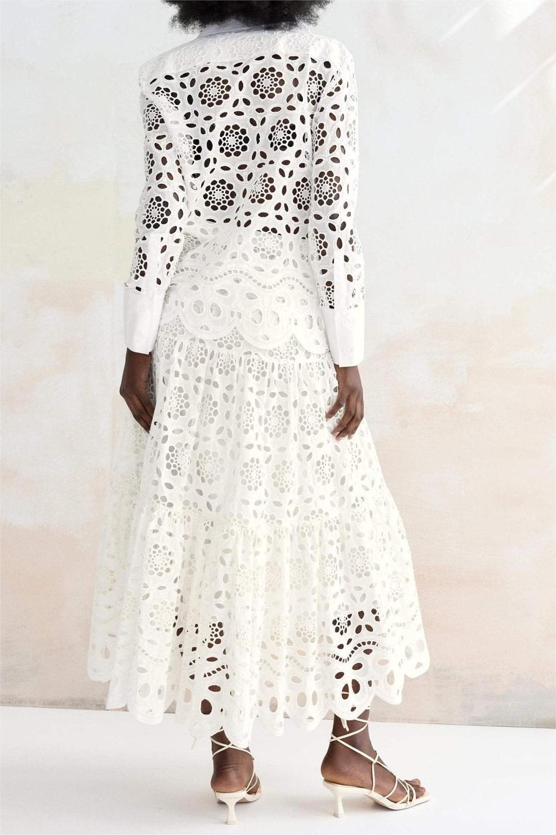 Lace Embroidered Long Sleeve Blouse & Hight Waist Midi Skirt Set