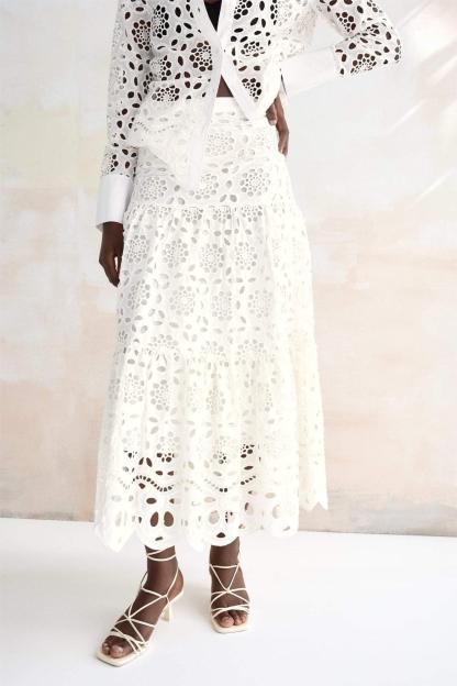 Lace Embroidered Long Sleeve Blouse & Hight Waist Midi Skirt Set
