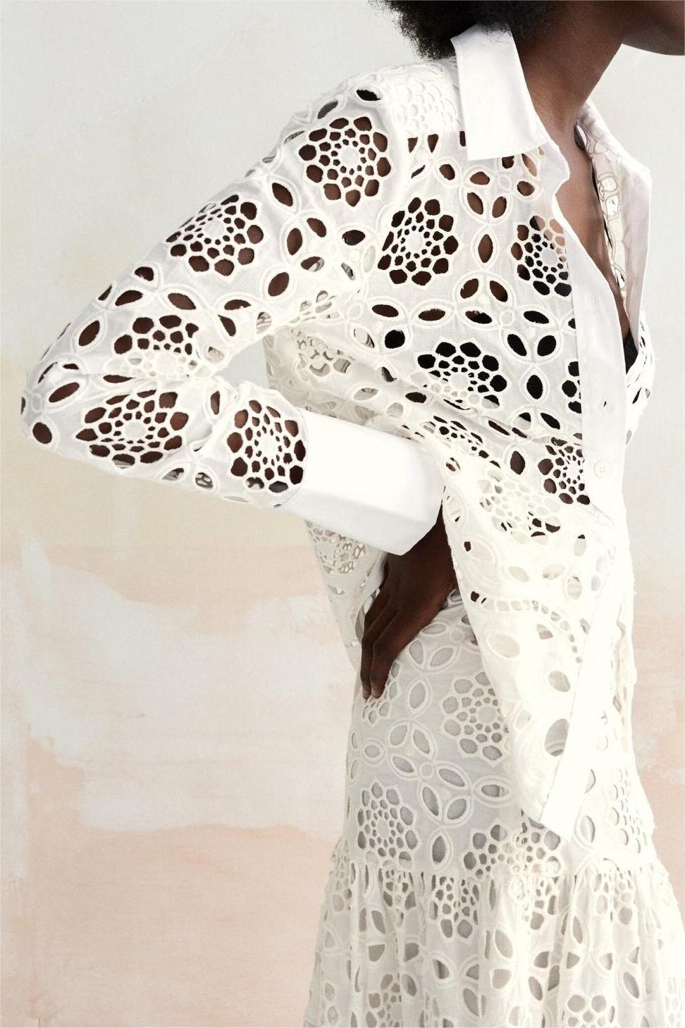 Lace Embroidered Long Sleeve Blouse & Hight Waist Midi Skirt Set