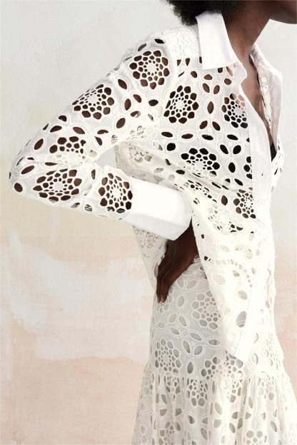 Lace Embroidered Long Sleeve Blouse & Hight Waist Midi Skirt Set