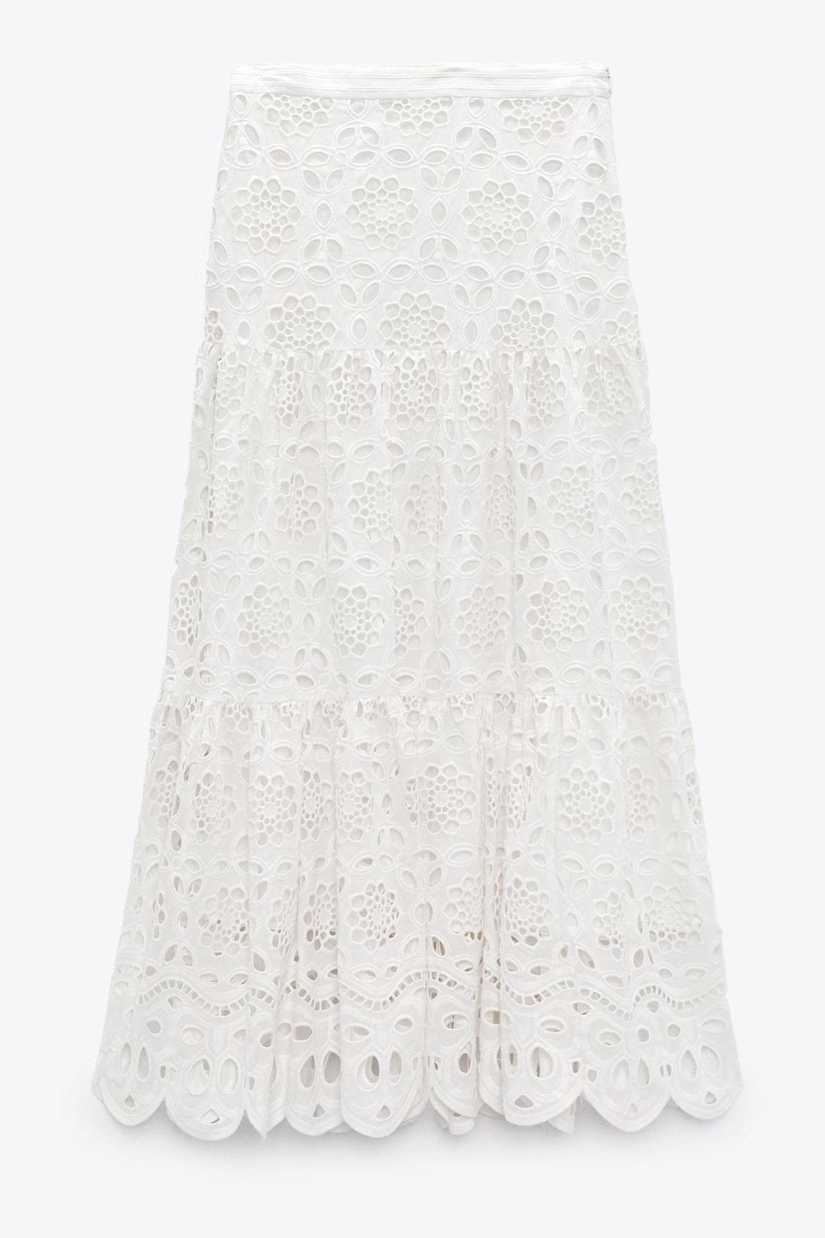 Lace Embroidered Long Sleeve Blouse & Hight Waist Midi Skirt Set