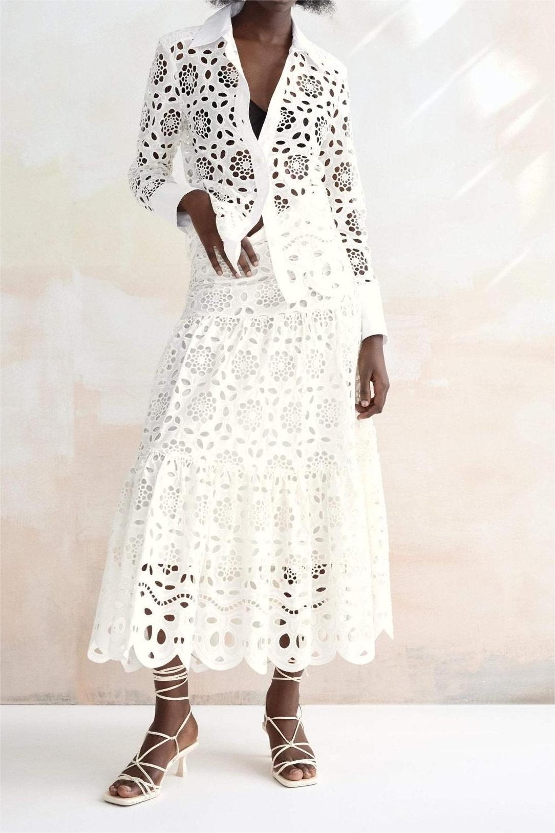 Lace Embroidered Long Sleeve Blouse & Hight Waist Midi Skirt Set