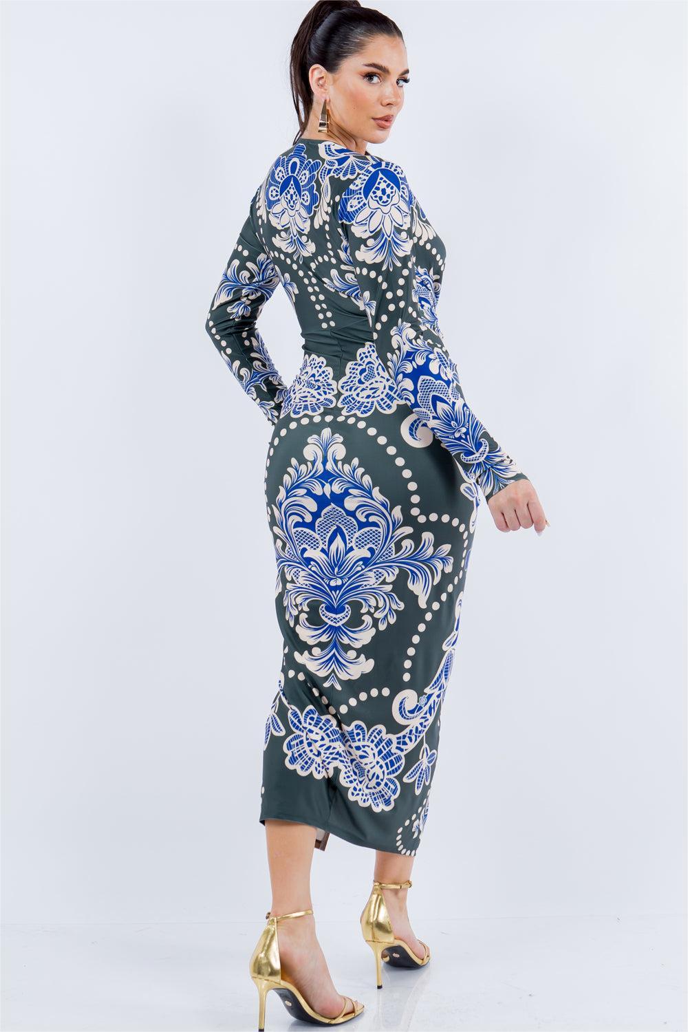 Paisley Print Runched Long Sleeve Midi Dress