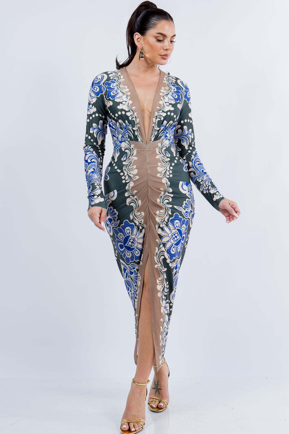 Paisley Print Runched Long Sleeve Midi Dress