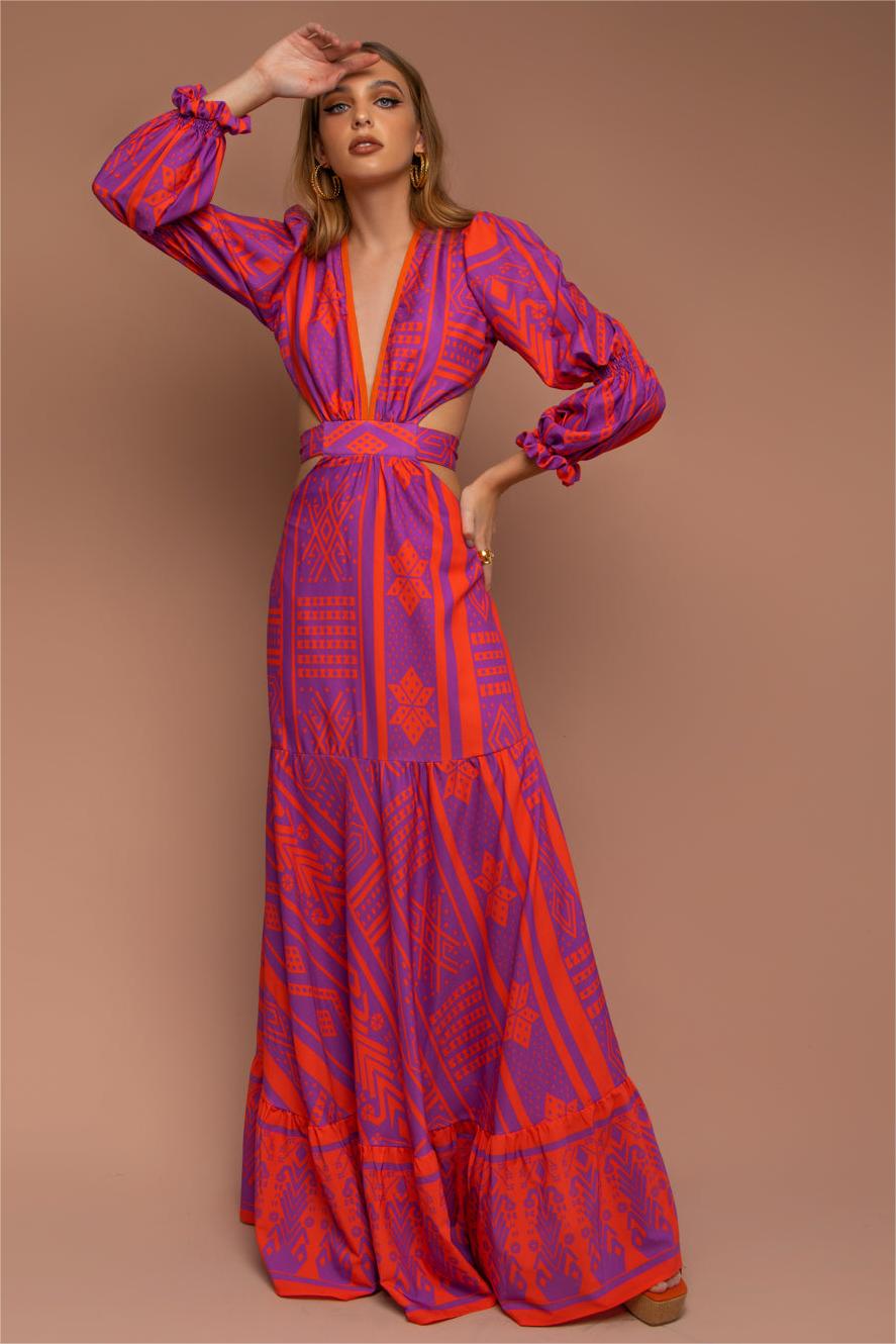 Paisley Print V-Neck Backless Maxi Dress