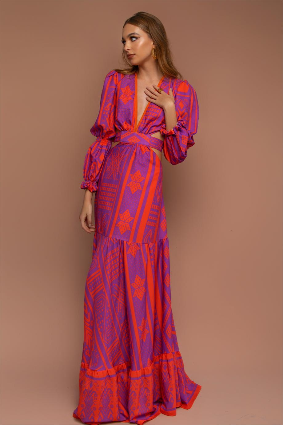 Paisley Print V-Neck Backless Maxi Dress