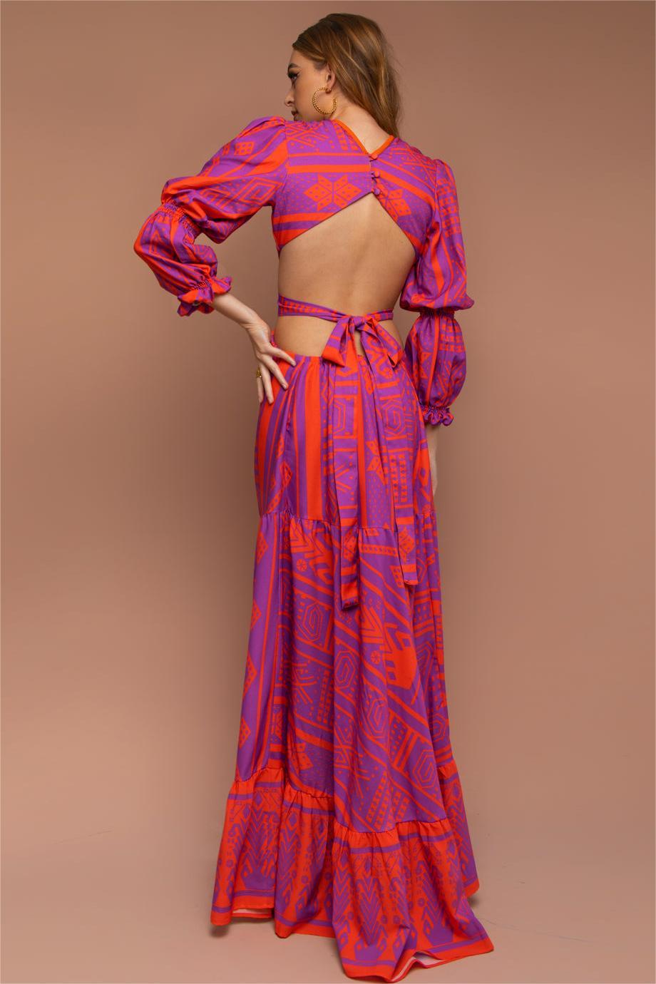 Paisley Print V-Neck Backless Maxi Dress