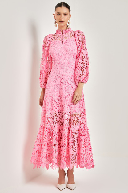 Lace Embroidered Long Sleeve Midi Dress