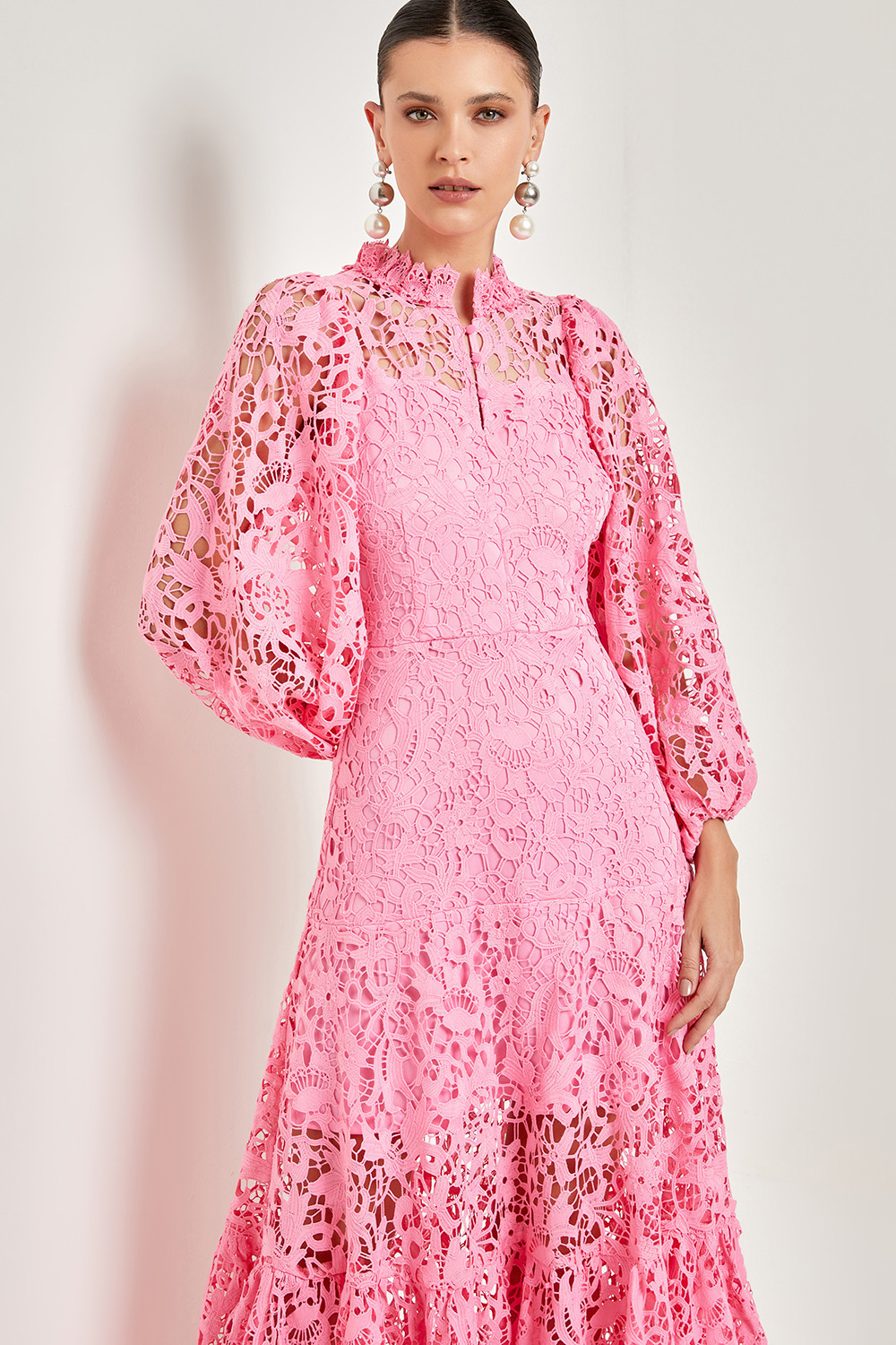 Lace Embroidered Long Sleeve Midi Dress