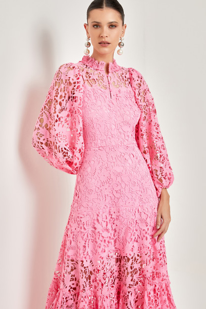 Lace Embroidered Long Sleeve Midi Dress