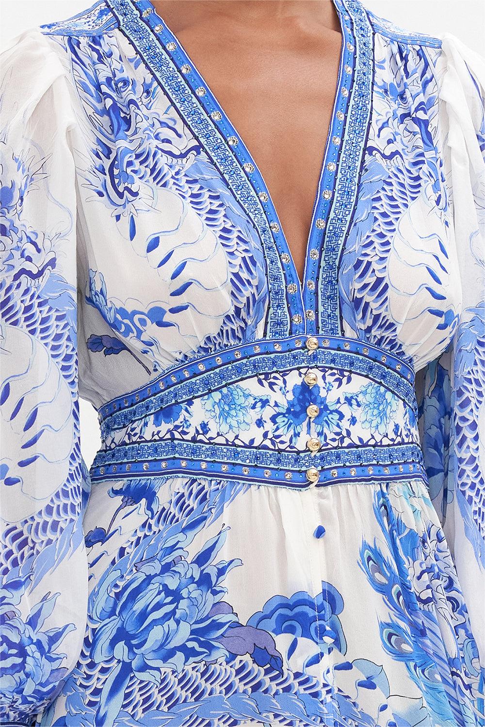 Dragon Print V-Neck Lantern Sleeve Midi Dress