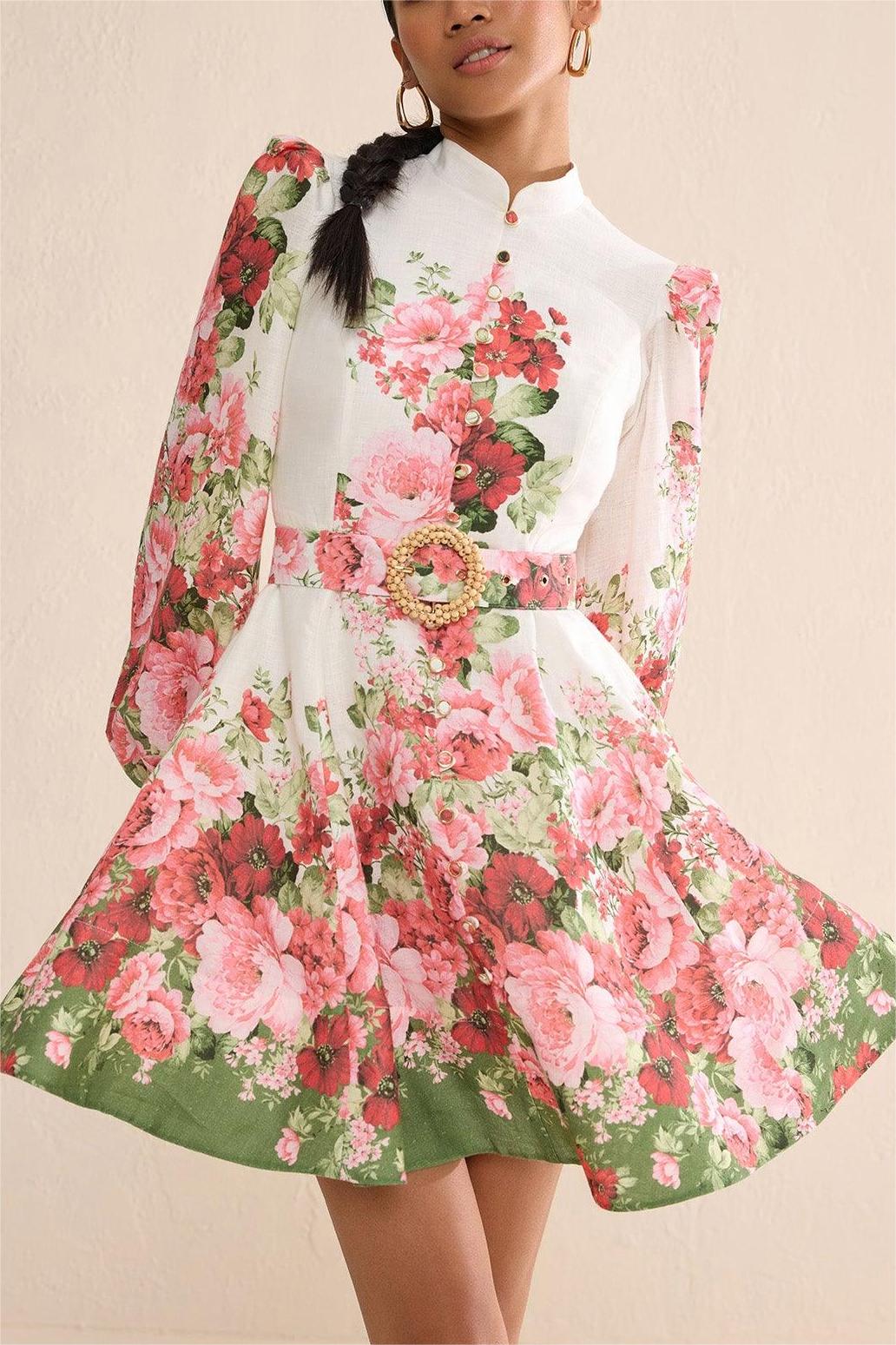 Floral Stand Collar Mini Dress With Belt