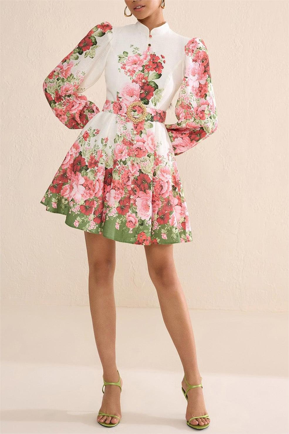 Floral Stand Collar Mini Dress With Belt