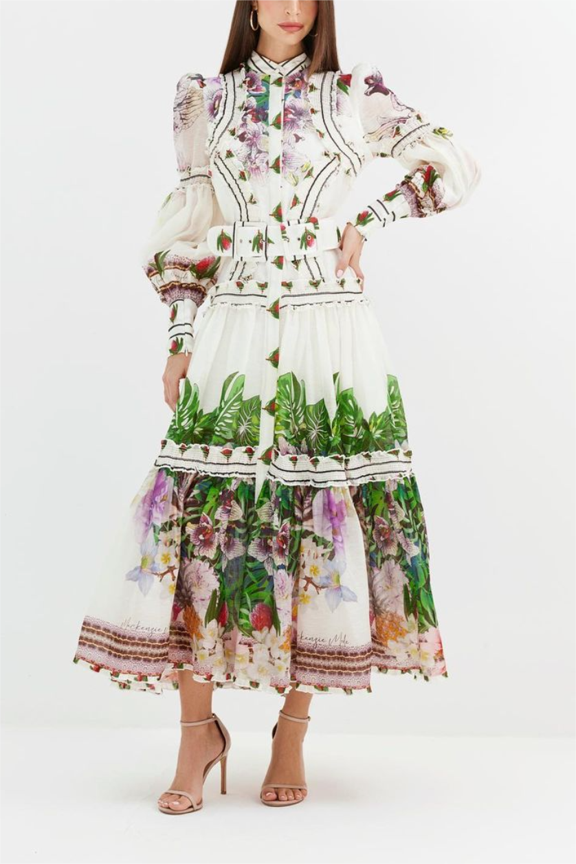 Floral Lantern Sleeve Midi Dress With Belt