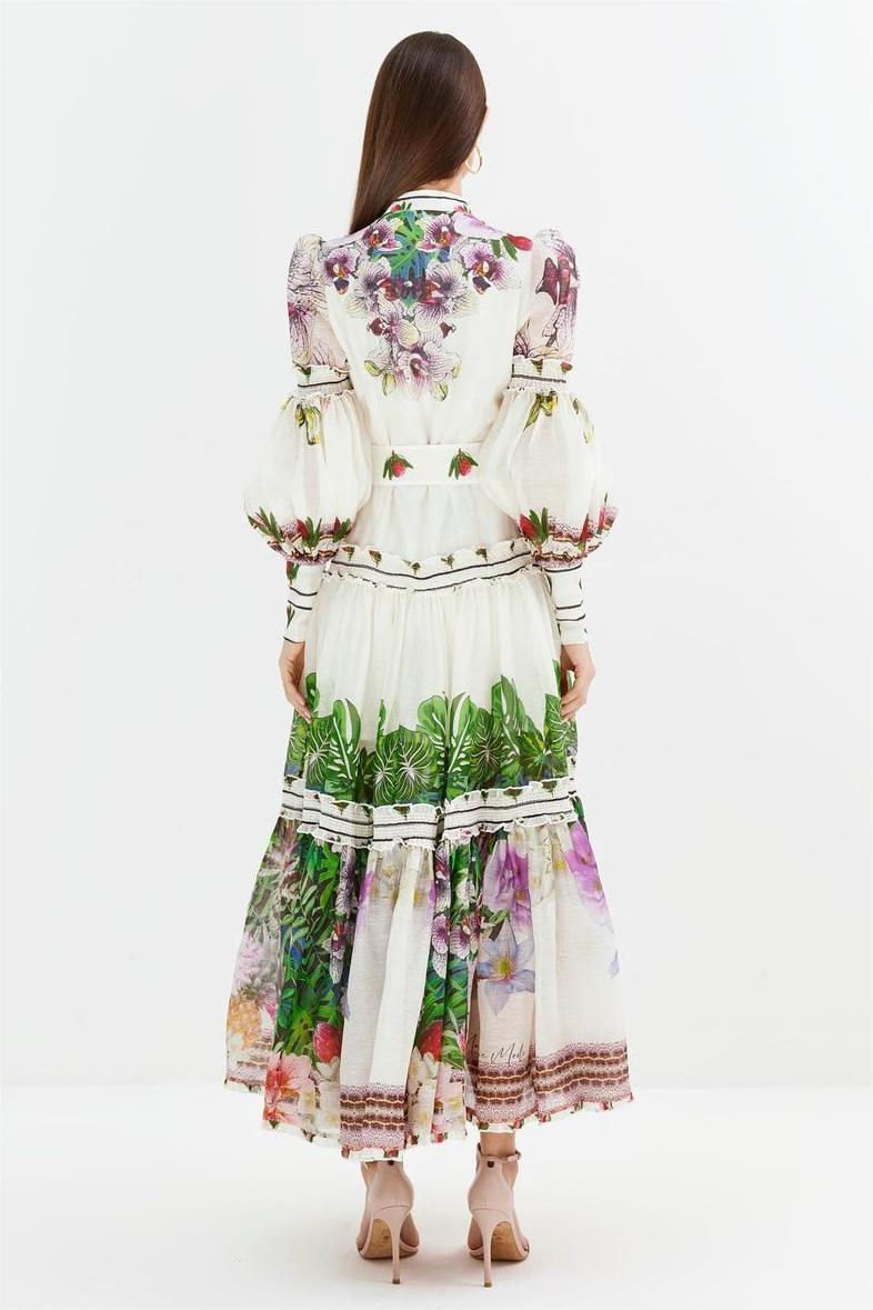 Floral Lantern Sleeve Midi Dress With Belt