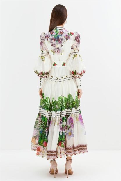 Floral Lantern Sleeve Midi Dress With Belt