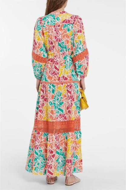 Abstract Print Lace Pleated Midi Dress With Belt