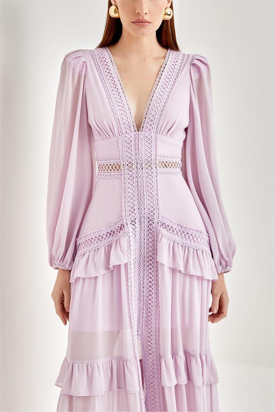 Solid Lace V-Neck Frill Midi Dress