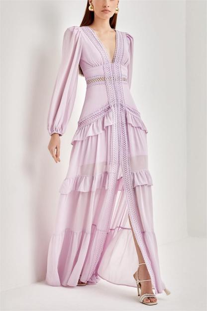 Solid Lace V-Neck Frill Midi Dress