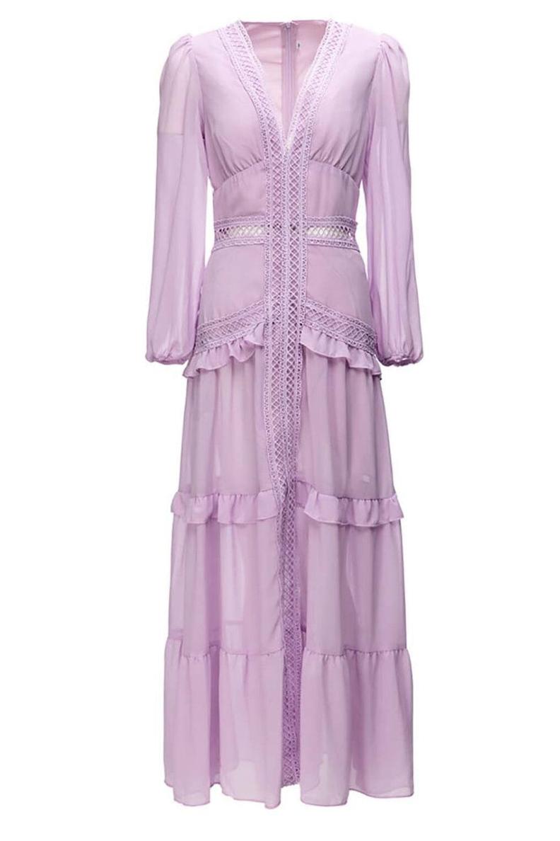 Solid Lace V-Neck Frill Midi Dress